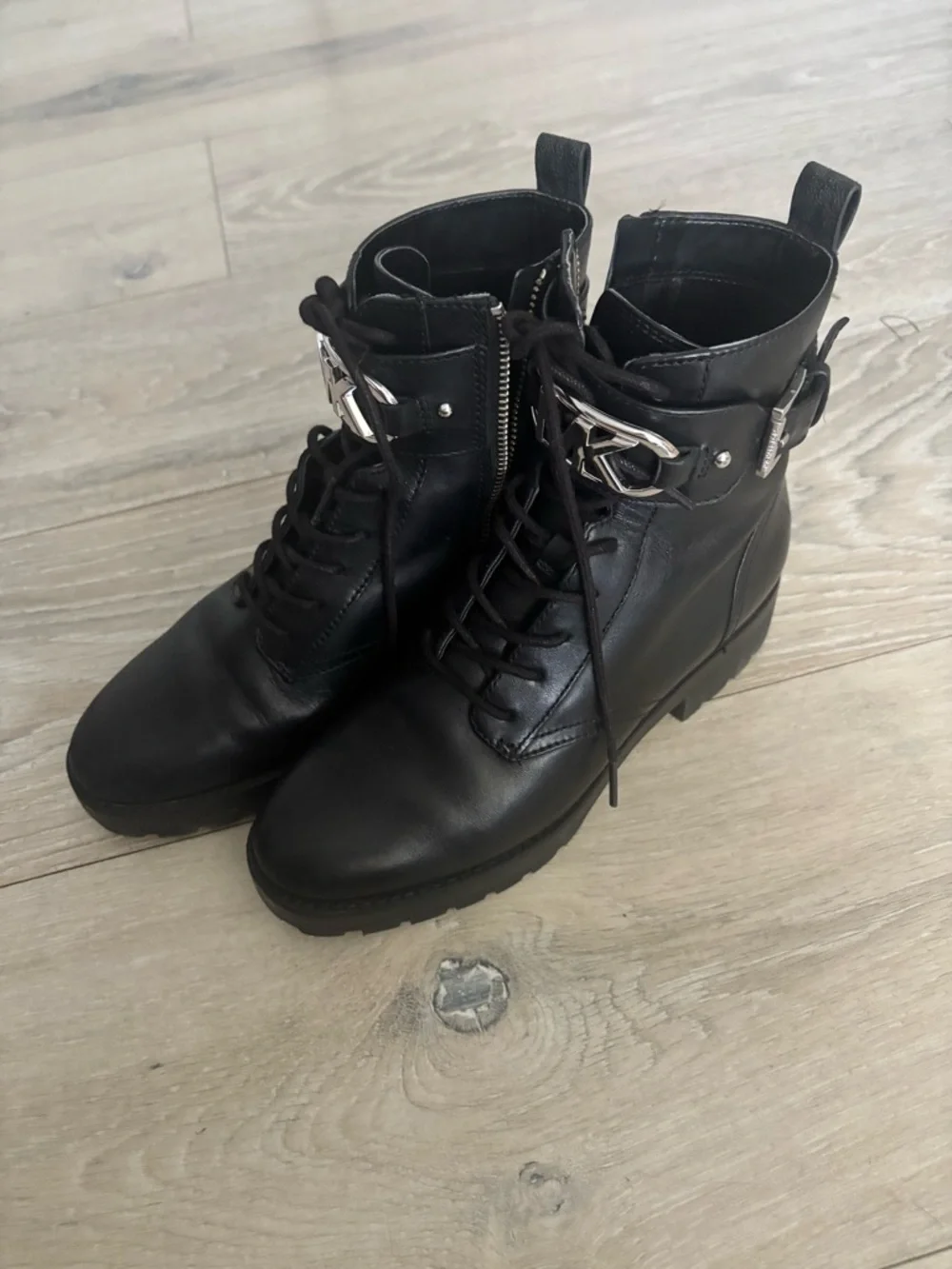 Michael Kors Black Leather MK Hardware Lace-Up Combat Boots - Picture 2 of 5
